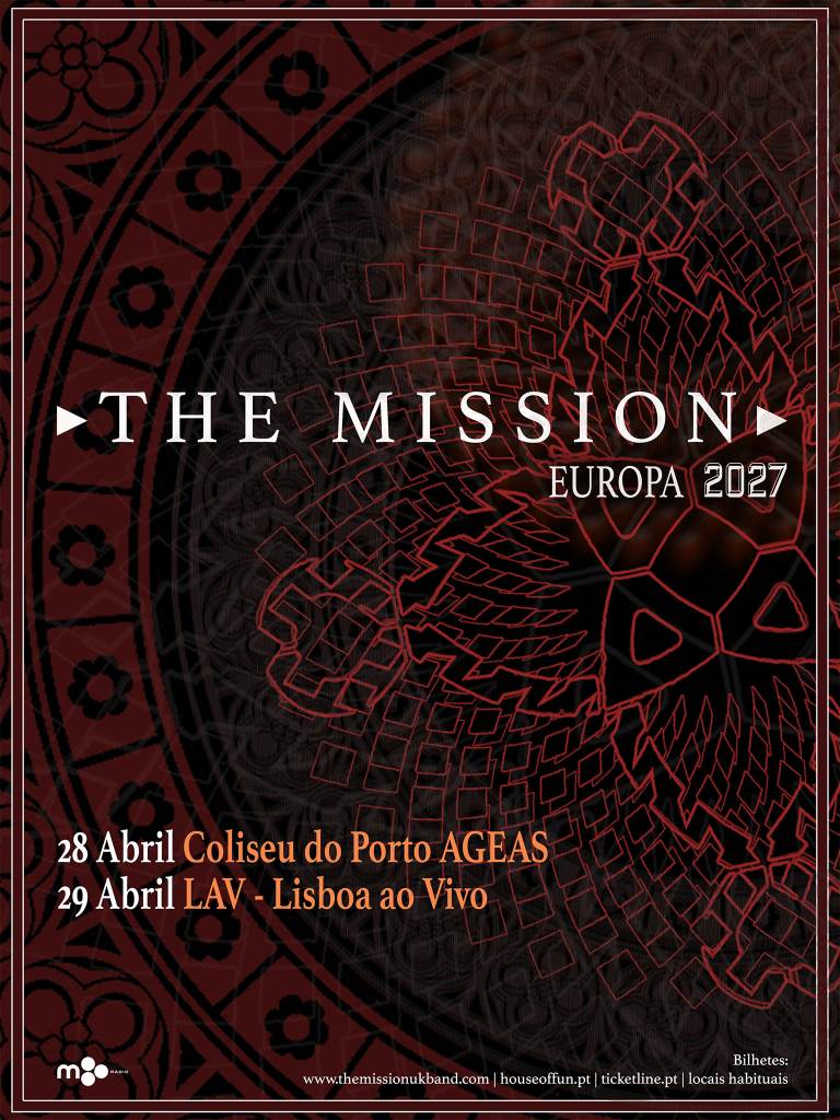 Cartaz: The Mission estão de volta a Portugal. A banda de culto de rock gótico traz a digressão Europa 2027 a Lisboa e ao Porto!